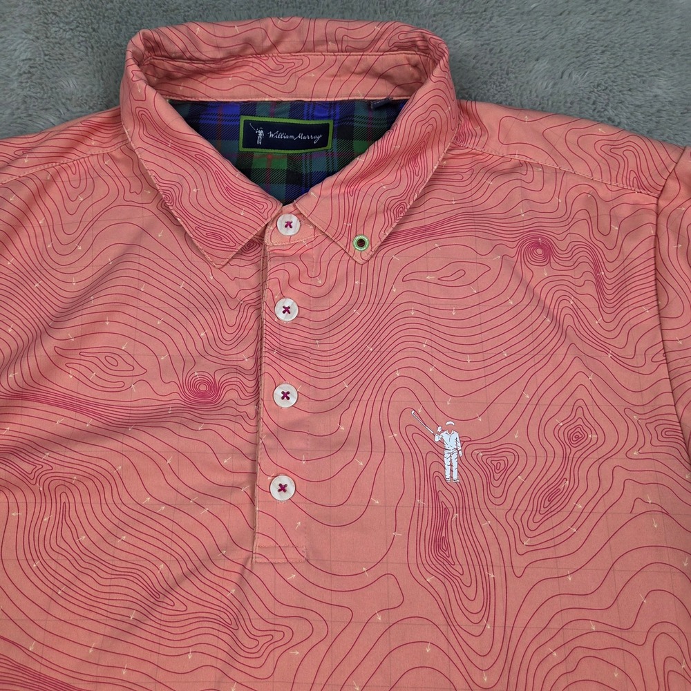 William Murray Golf Polo Mens M Topographic Gopher Print Performance Shirt Coral